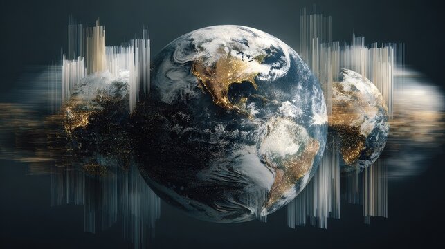 Global data network concept: Multiple Earths with digital information streams
