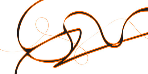The image features an abstract, dynamic, and elegant composition of bold, thick, black lines outlined with vibrant orange, intricately intertwining and looping to form a complex, calligraphic-style pa
