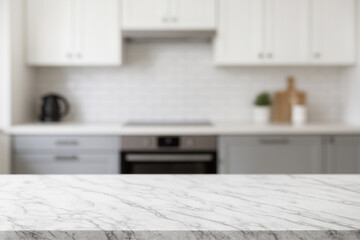 marble top table with blurry background kithcen set 