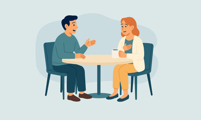 Man and woman sitting at table, one sharing thoughts while other listens with empathy. Supportive conversation and emotional intelligence concept in flat vector style.