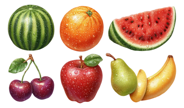 Fresh and Colorful Fruit Collection with Water Droplets on Transparent Background