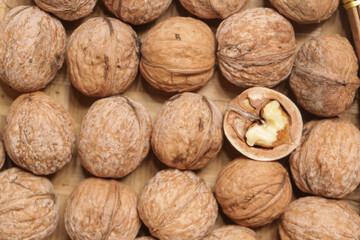 Close up of cracked walnuts	