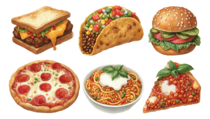 Colorful Fast Food Illustration with Pizza, Burger, Taco, and Spaghetti Dishes