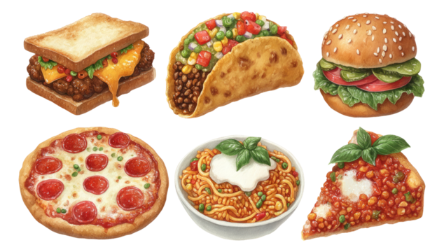 Colorful Fast Food Illustration with Pizza, Burger, Taco, and Spaghetti Dishes