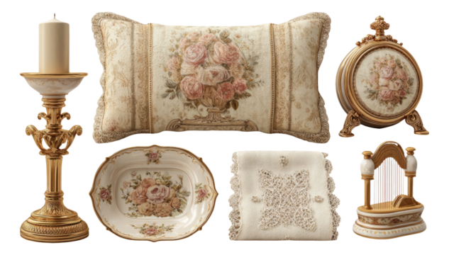 Vintage Decorative Collection with Floral Patterns and Elegant Design Elements