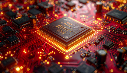 Close-up of a red circuit board with gold components