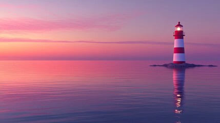 A serene lighthouse stands on the shore of an ocean at dusk