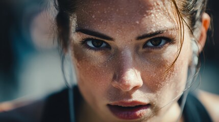 Intense runner preparing for a race in the city under the morning sun with focused expression and sweat glistening on her face