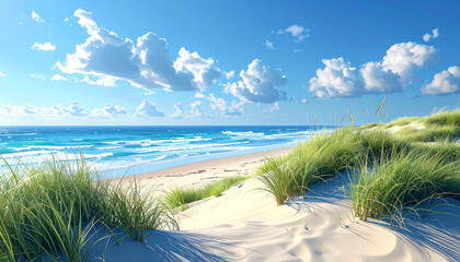 Coastal landscape with grass and ocean waves