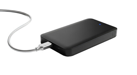 A sleek black external hard drive with a usb cable connected isolated on transparent background, providing portable storage for backing up files and transferring data