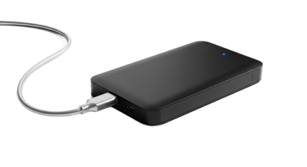 A sleek black external hard drive with a usb cable connected isolated on transparent background, providing portable storage for backing up files and transferring data