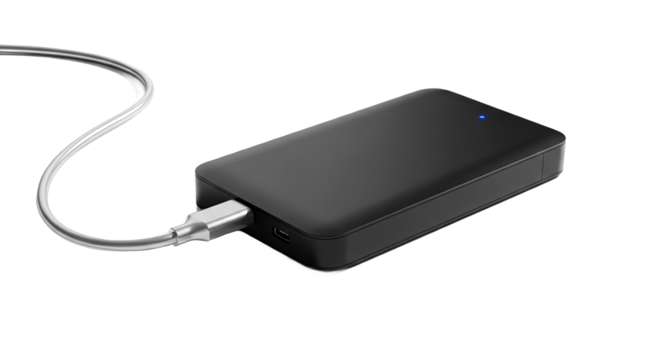 A sleek black external hard drive with a usb cable connected isolated on transparent background, providing portable storage for backing up files and transferring data