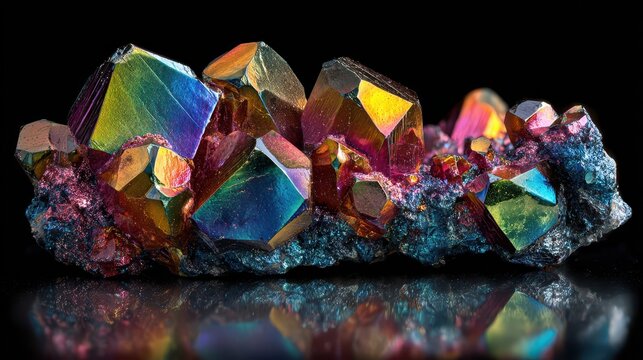 Macro close-up of rainbow-colored gemstone crystals with sparkling facets