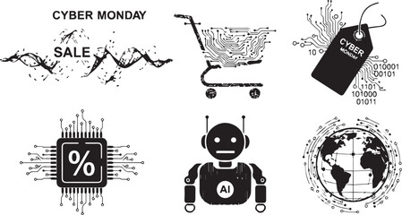 Cyber Monday Tech Sale Icons Vector Set in Black and White