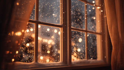 Cozy window view of a snowy night with christmas lights and warm curtains