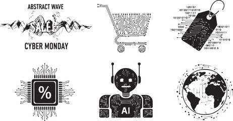 Cyber Monday vector set with shopping elements, robot, earth, and circuit boards. AI, technology, and discount concept.