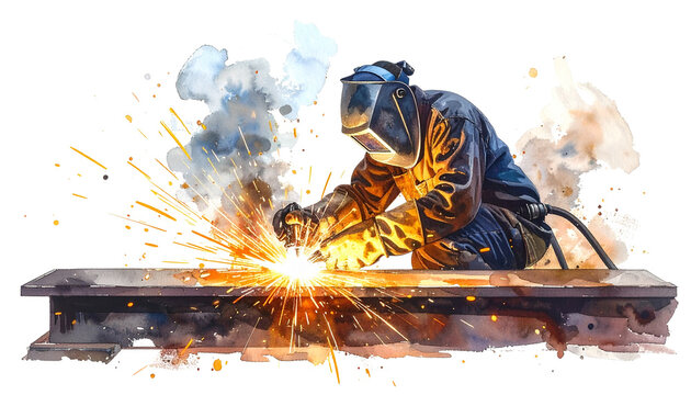 a person doing welding work, with welding sparks, isolated on transparent background, concept of industry, PNG