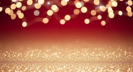 Festive golden bokeh lights on a rich red background with sparkling glitter floor