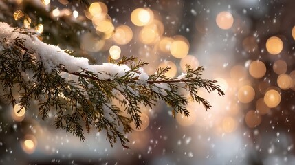 Macro photograph of frosted evergreen branch with soft bokeh lights and snowfall