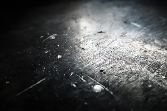 Macro photograph of distressed black metal showing deep scratch marks and light reflections