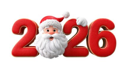 3D cartoon image "2026" with Santa Claus' head, PNG, conveying the concept of celebrating a happy New Year and Christmas holidays, with a vibrant red color scheme.
