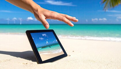 Tablet buried in sand, hand reaching. Beach background