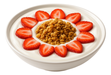 Flat white saucer with yogurt, a central pile of granola, and a surrounding ring of sliced strawberries.