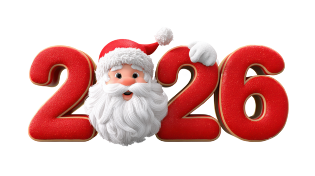 3D cartoon image "2026" with Santa Claus' head, PNG, conveying the concept of celebrating a happy New Year and Christmas holidays, with a vibrant red color scheme.
