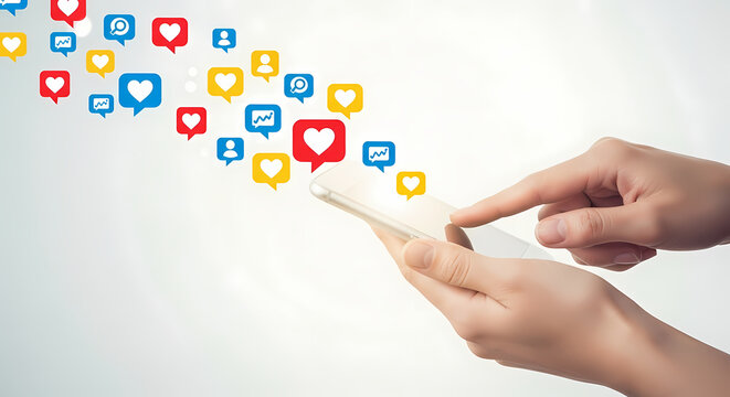 A person interacts with a smartphone, surrounded by colorful social media icons, symbolizing digital connection and engagement in the online world.