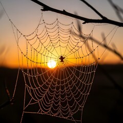 Macro of Dew-Covered Spider Web at Sunrise – Nature Close-Up