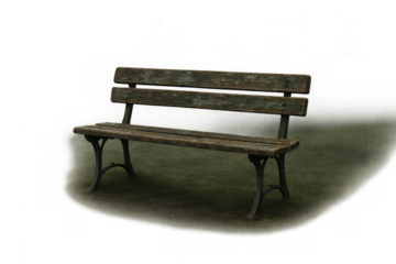 Old wooden park bench with cast iron legs sitting on grass, cutout with transparent background