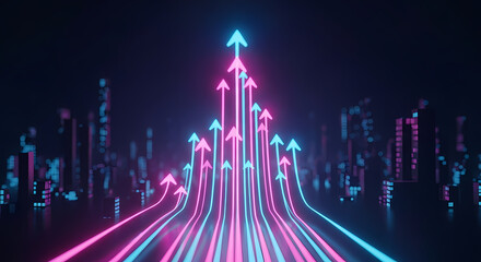 Dynamic neon arrows ascend from a futuristic cityscape, symbolizing digital transformation, financial growth, and technological advancement in a vibrant abstract render.