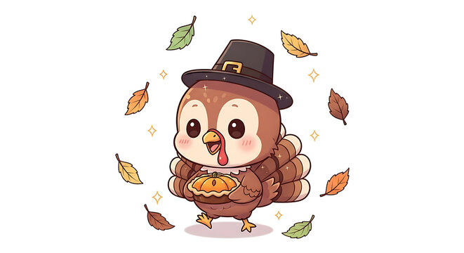 Cute Cartoon Turkey Pilgrim Holding Pumpkin Pie.