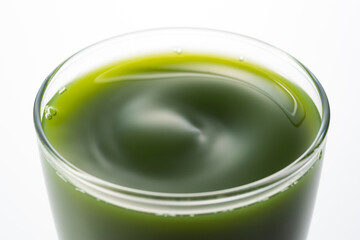 透明のグラスに青汁のアップ