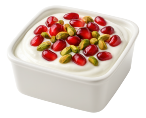A square ramekin filled with yogurt, topped with pomegranate seeds and pistachios.
