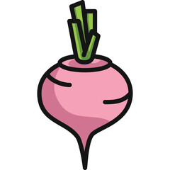 A Stylized Pink Turnip Vegetable with Green Stems and a Transparent Background Ideal for Food Graphics and Healthy Eating Content