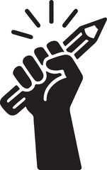 Hand holding glowing pencil silhouette, symbol of creativity, ideas, and artistic power.