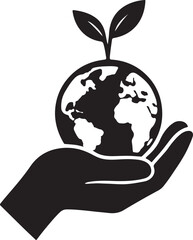 Hand holding small planet with sprouting leaf silhouette, symbol of Earth care and green future.