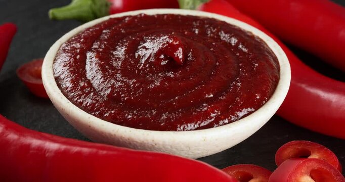 Bowl with spicy gochujang paste and fresh chili peppers. Close-up footage on a rotating table