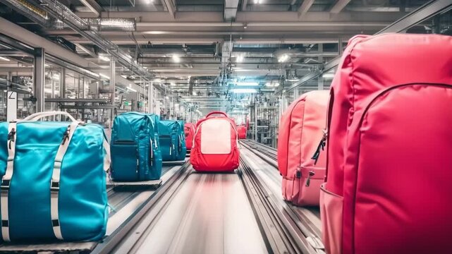 Gen Turbo factory showcasing vibrant backpacks on conveyor belt in a modern production facility