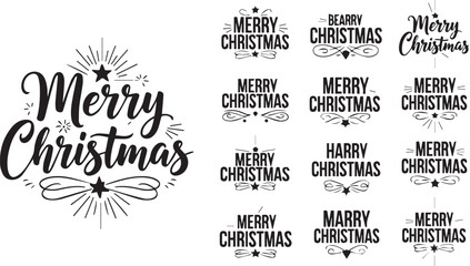 Merry Christmas typography vector lettering bundle set isolated on white background for holiday design.