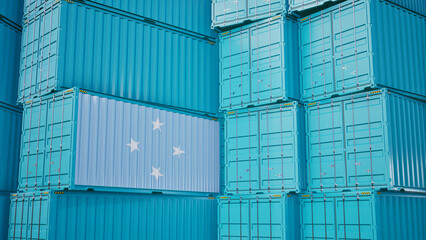 Cargo shipping container with Micronesia flag, shipping and freight transportation of Micronesia concept.