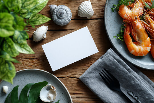 Blank white card on wooden table surrounded by seafood plate, gray napkin with cutlery, green leaves, and decorative seashells.
 - Powered by Adobe