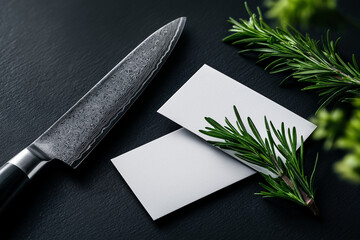 Two blank white business cards with kitchen knife and fresh rosemary sprigs on dark textured background.