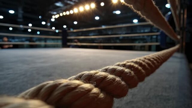 A close-up shot of a thick braided rope along the edge of an empty fighting ring with out-of-focus lights in the background