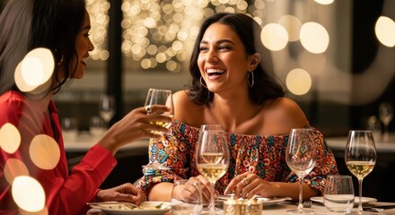 A candid lifestyle shot of two diverse young women sharing a joyful moment at a sophisticated restaurant or bar