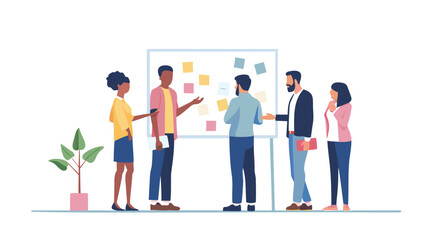 Obraz premium Diverse team of professionals collaborating around a whiteboard with sticky notes brainstorming ideas and planning projects together