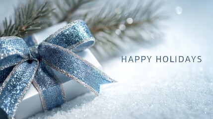 Sparkling blue holiday bow adorns a frosted evergreen branch with soft bokeh lights and happy holidays text