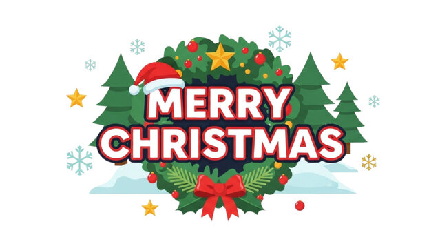 Festive Merry Christmas Wreath with Santa Hat and Decorations Illustration