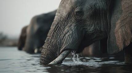 Majestic elephants drinking water at a serene river in the early morning light